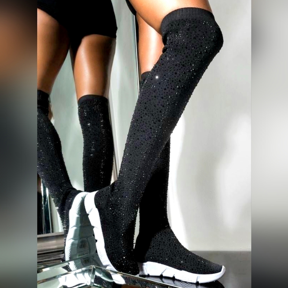 Azalea Wang Queen Bee Black Rhinestone Over The Knee Sock Sneaker Boots 10 BNIB